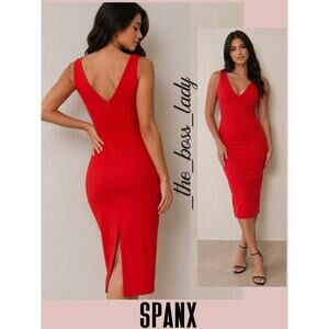 SPANX dress stretchy midi  v-neck sheath back slit Medium